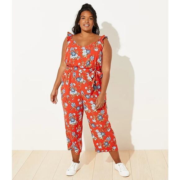 LOFT Plus Vine Tie Front Jumpsuit‎ size 24 red white - Picture 1 of 6